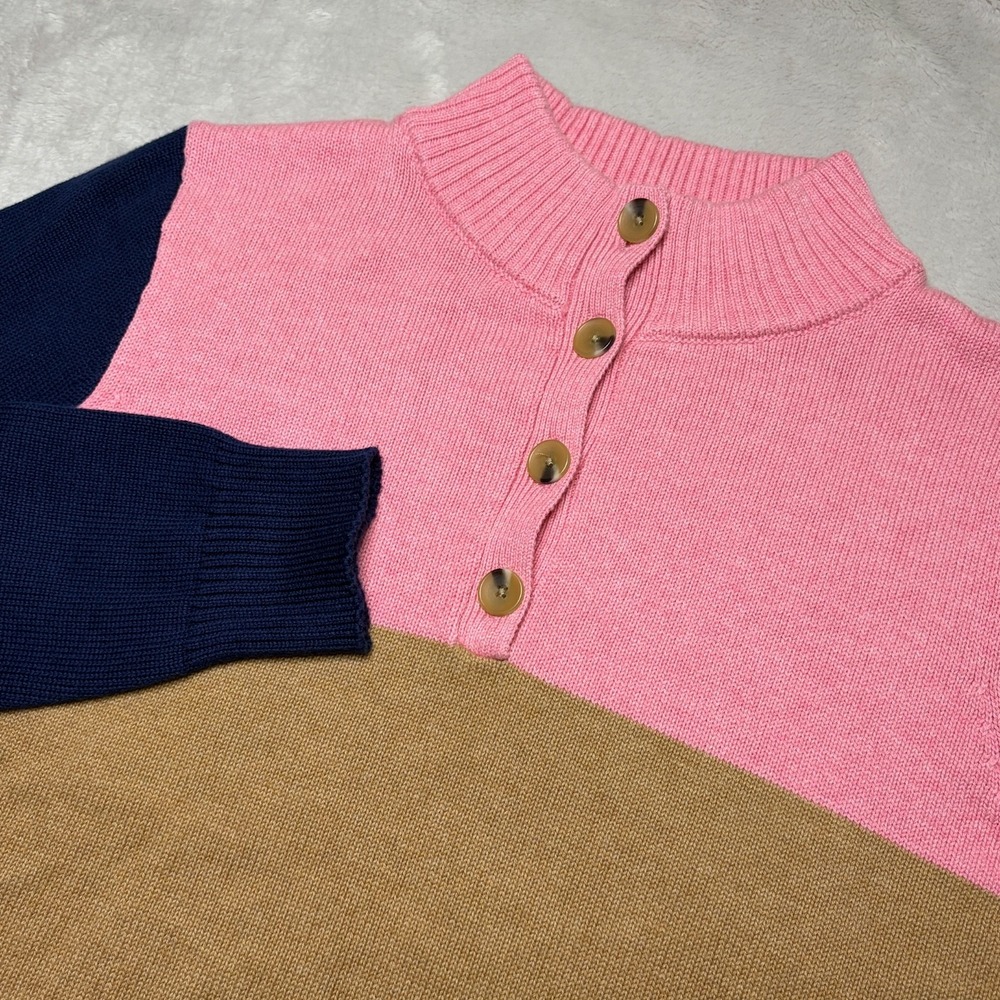 J.Crew Colorblock Sweater Womens M Cotton Pullover Button Mock Neck Preppy - Picture 2 of 7
